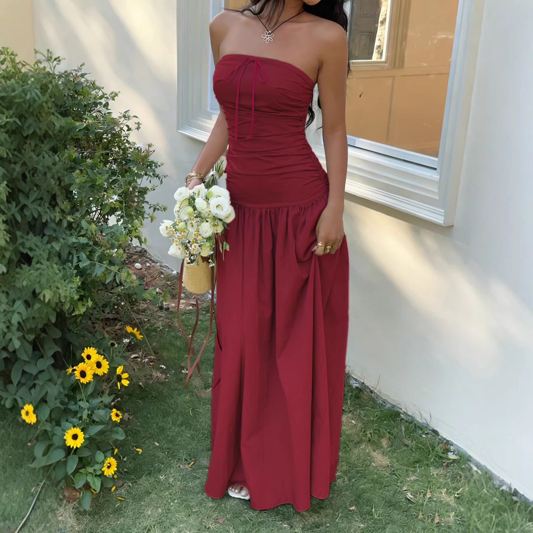 French Style Strapless Maxi Dress Soft Fabric Waist Tie Design Non Slip Strips Summer Vacation Wear Wholesale