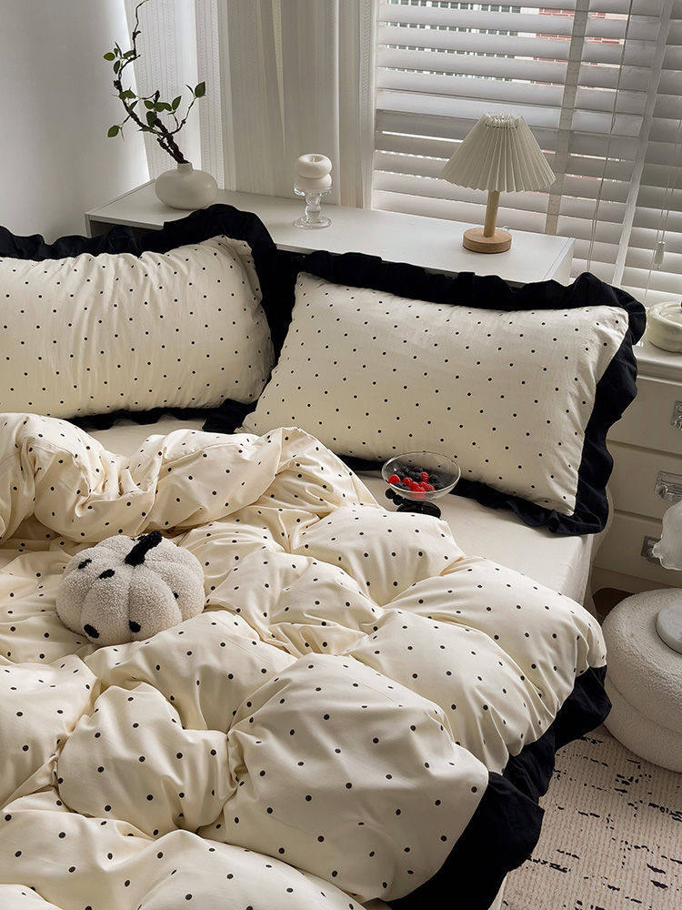 French-Style Gentle Girly Lace Polka Dot Washed Four-Piece Bedding Set Solid Color Duvet Cover Three-Piece Fitted Sheet Set Supply Chain