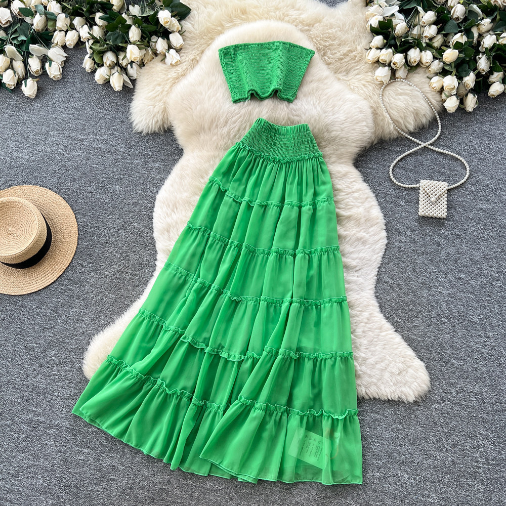 Yellow Pleated Two Piece Set Layered Cake Skirt Elegant Style Summer Fashion Wholesale Available