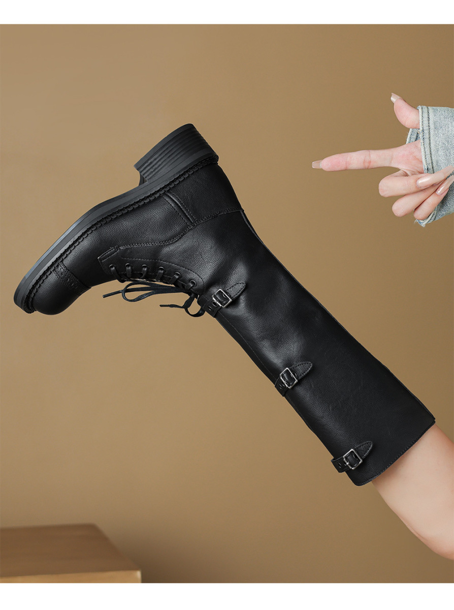 Boot nữ cổ cao da bò buộc dây khóa thắt lưng gót thô — Màu đen lót một lớp, Màu đen lót nhung, Màu nâu lót một lớp, Màu nâu lót nhung