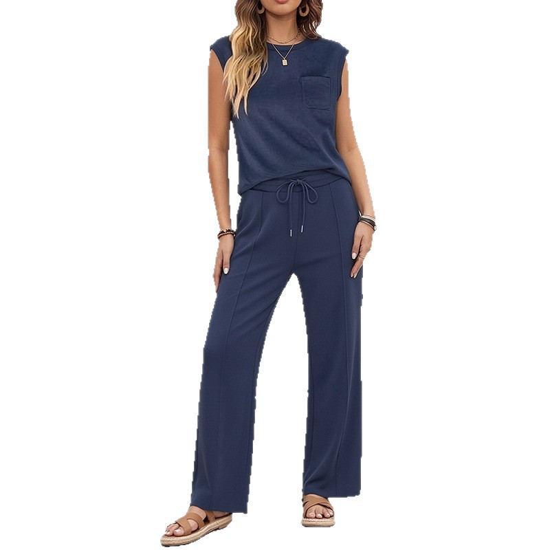 Womens Spring Two Piece Set Sleeveless Top Long Pants Solid Color Casual Style Wholesale Available