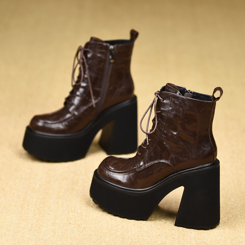 Boot Martin nữ cổ thấp gót thô tăng chiều cao 12cm mũi tròn phong cách Anh Quốc — màu đen, Màu nâu