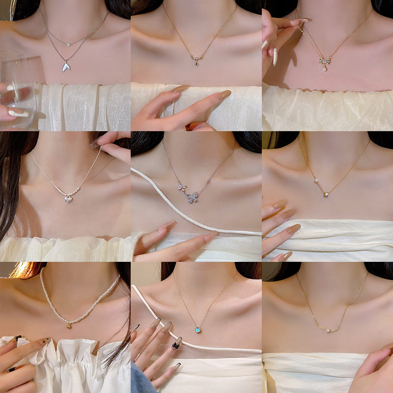 South Korea new light luxury niche titanium steel necklace women's advanced design zircon bow clavicle chain necklace wholesale
