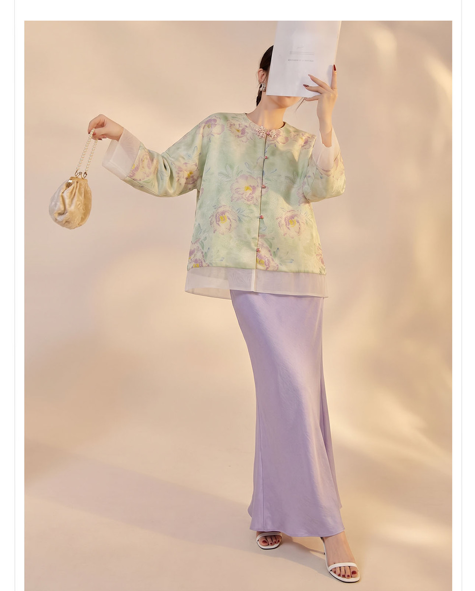 Bộ áo khoác dệt jacquard dáng dài tay kèm chân váy dài nữ tính — Chân váy màu tím, Xuân Huy Lục, Bộ