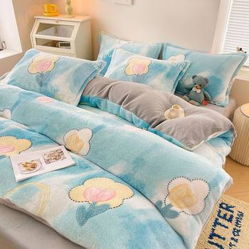 Double-Sided Thickeneded Snowflake Velvet Bed Four-Piece Set Winter Milk Velvet Coral Velvet Quilt Cover Bed Bed Sheets Three-Piece Set Single and Double