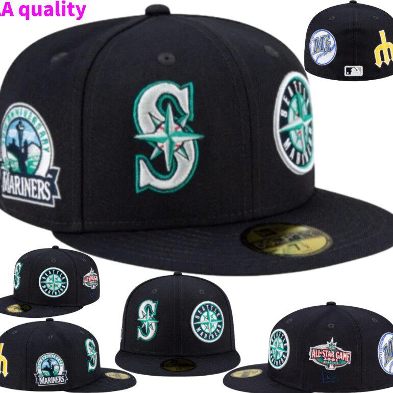 Полностью закрытая бейсболка Seattle Mariners для мужчин и женщин с одинаковой вышивкой, кепка с плоскими полями, кепка-нерегулируемая шляпа Изображение 1