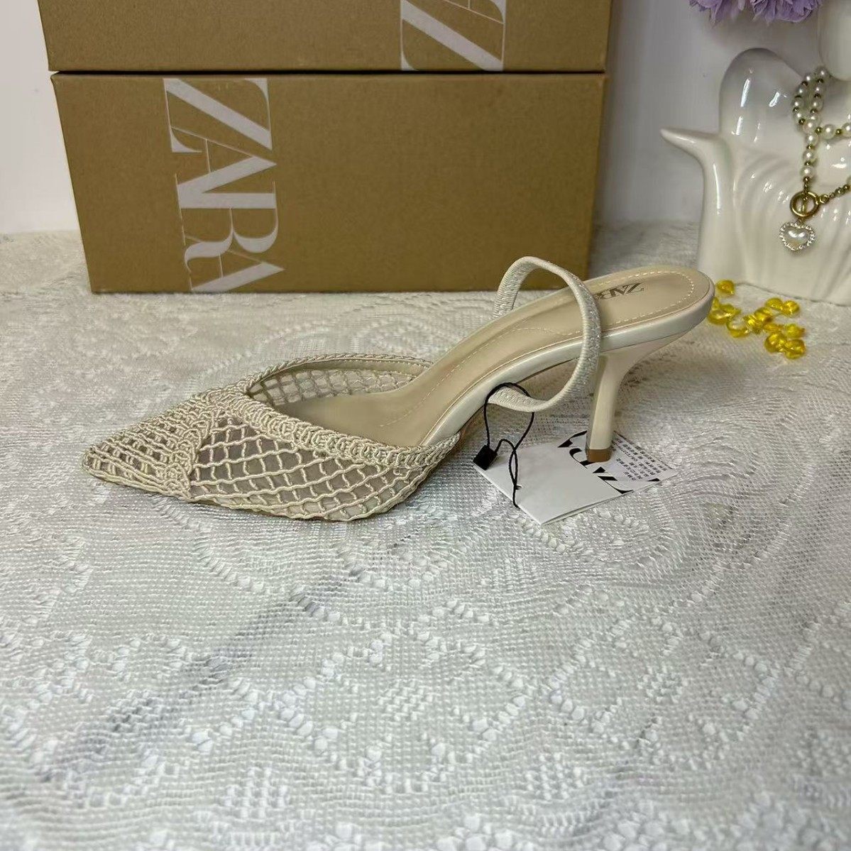 Za2025 New Summer Women's Shoes Pointed Toe Braided Breathable Flats Bottom One-Line Toe Women's Sandals Low Heel Back Strap