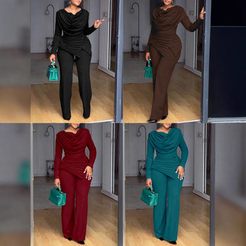 2025 Autumn Elegant Slim Fit Pleated Solid Color Fashion Two-Piece Set European and American Style Amazon Cross-Border New Model