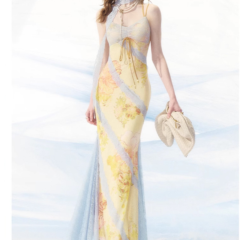 Đầm dây hoa in lãng mạn phối ren đuôi cá nữ — Màu hồng vàng phiên bản thông thường, Màu xanh vàng phiên bản thông thường