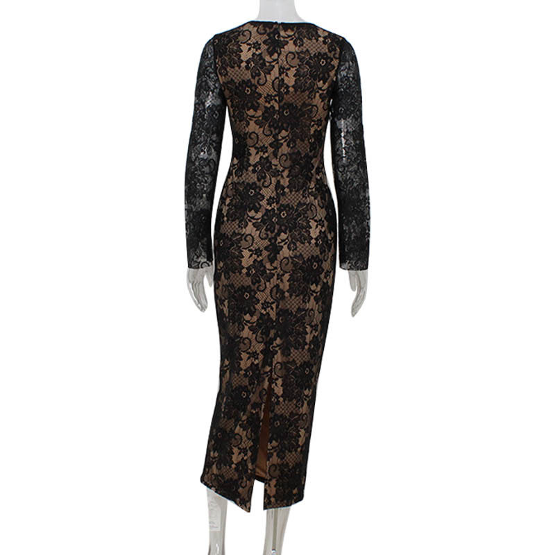 Elegant Lace Long Sleeve Bodycon Dress Slim Fit Waist Cinching Chic Style Perfect for Spring and Autumn Events