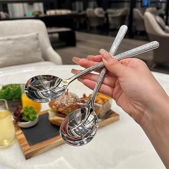 Stainless Steel Spoon Korean Hammered Round Spoon Western Restaurant Long Handle Rice Spoon Household Spoon Dessert Spoon Spoon