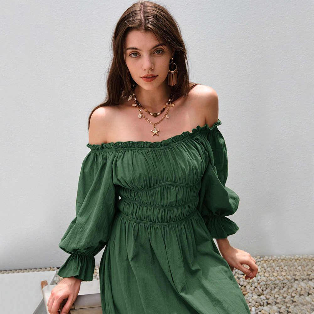Vintage One Shoulder Lantern Sleeve Maxi Dress Elegant Design Flowy Silhouette Comfortable Fabric Perfect for Parties