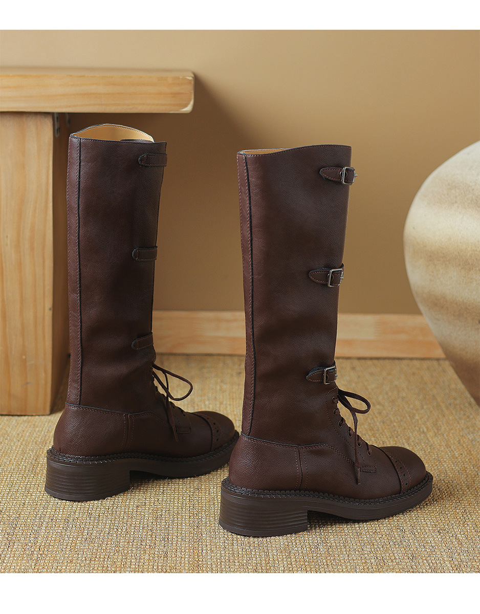 Boot nữ cổ cao da bò buộc dây khóa thắt lưng gót thô — Màu đen lót một lớp, Màu đen lót nhung, Màu nâu lót một lớp, Màu nâu lót nhung