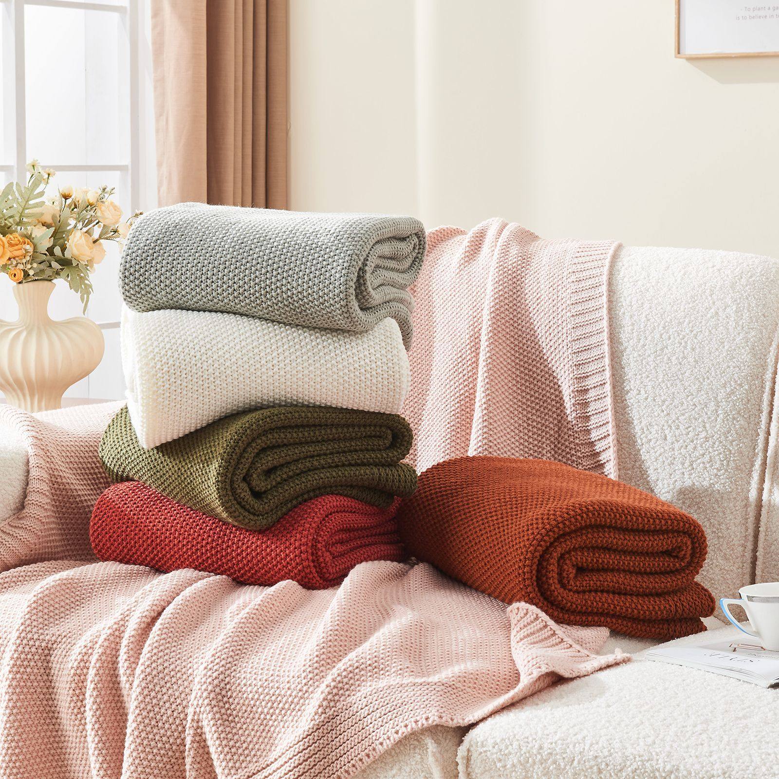 Cross-Border Supply of Pure Color Skin-Friendly Acrylic Knitted Blanket Sofa Office Nap Air-Conditioning Blanket Warm Cover Blanket