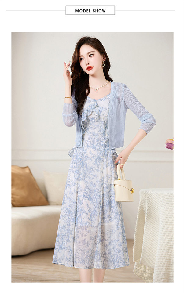 Set Áo Khoác Cardigan Dệt Kim Và Đầm Hai Dây Xòe Họa Tiết Hoa Phong Cách Thanh Lịch Màu Hồng, Xanh chi tiết 21