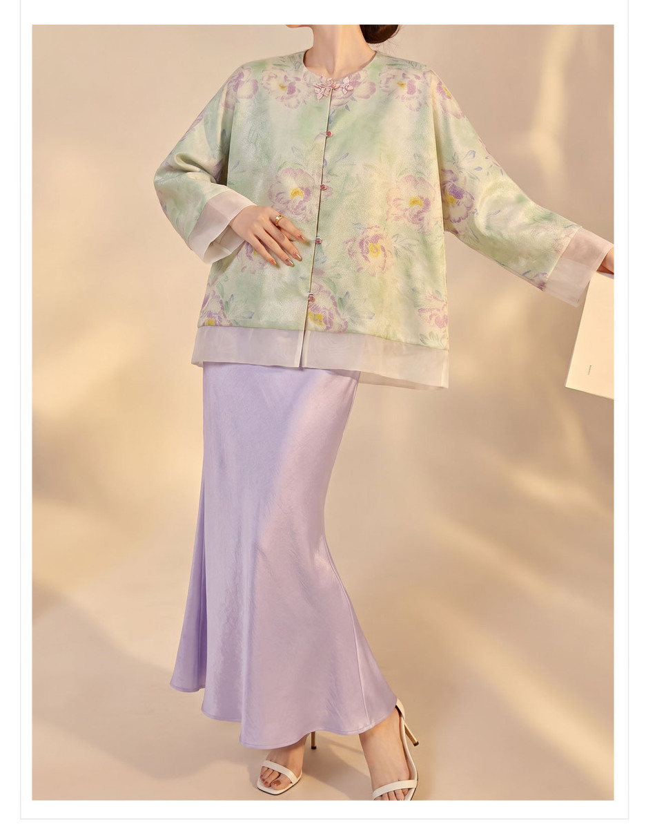 Bộ áo khoác dệt jacquard dáng dài tay kèm chân váy dài nữ tính — Chân váy màu tím, Xuân Huy Lục, Bộ