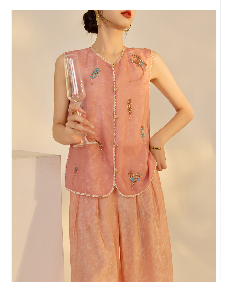 Set gile thêu đính cườm kèm quần dài nữ phong cách thanh lịch — Quần dài màu mơ, Quần dài màu xanh lục, Gi lê màu hồng, Gi lê màu xanh lục