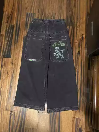 American JNCO Hip-Hop Embroidered Relaxed Straight-Leg Jeans for Men - Fashionable Casual Versatile Slim-Fit Denim