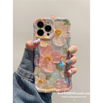 Suitable for High-End Artistic Oil Painting Flower 17Promax Phone Case Apple 14 Female 16Pro Silicone 11 Blue Light