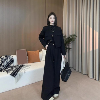 Black Chanel-Style Short Jacket with Waist-Cinching Wide-Leg Pants Set, New Spring and Autumn Cardigan Top and Casual Pants Two-Piece Set