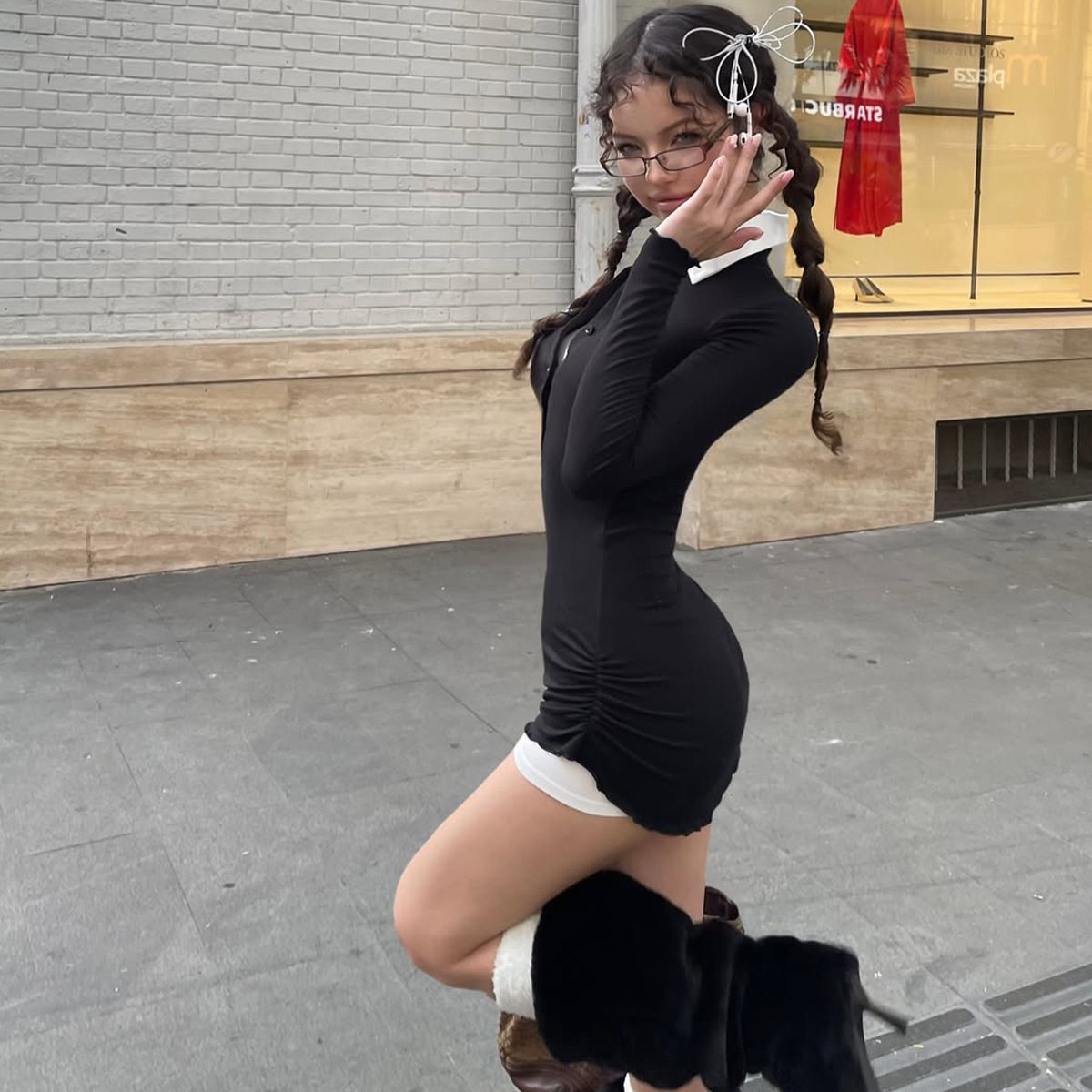 Womens Spring Fashionable College Style Sweet Fresh Slim Fit Long Sleeve Dress Set Elegant Design Perfect for Casual