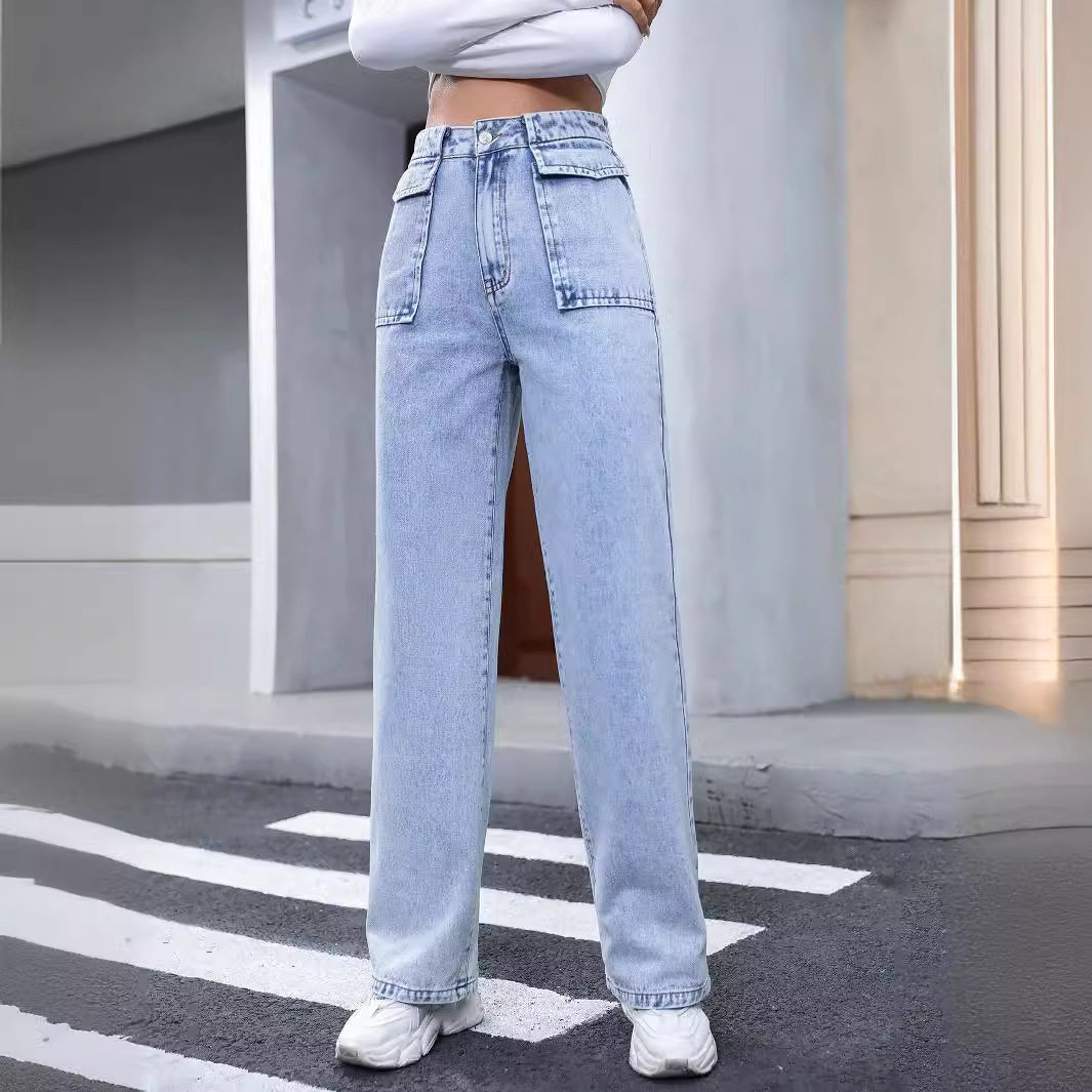 High Waisted Straight Leg Denim Pants Pocket Design Casual Style Womens Fashion Wholesale Available