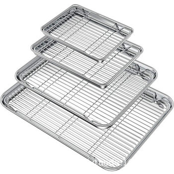 Cross-border Stainless Steel Square Drain Cooling Rack Multi-use Flat Bottom Dish Square Drain Tray Oven Baking Tray