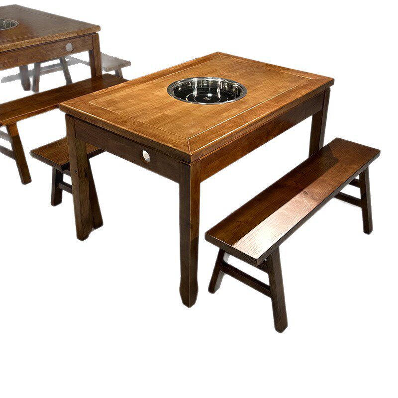 实木火锅桌电磁炉一体商用煤气灶烧烤桌火锅桌椅烤肉桌火锅店桌子