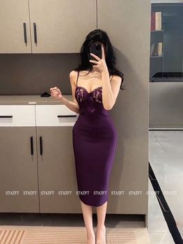Slightly Chubby French-Style Sexy Mature Lace Patchwork Slip Dress, Elegant and Slimming, Pure Desire Purple Ribbed Bodycon Long Dress