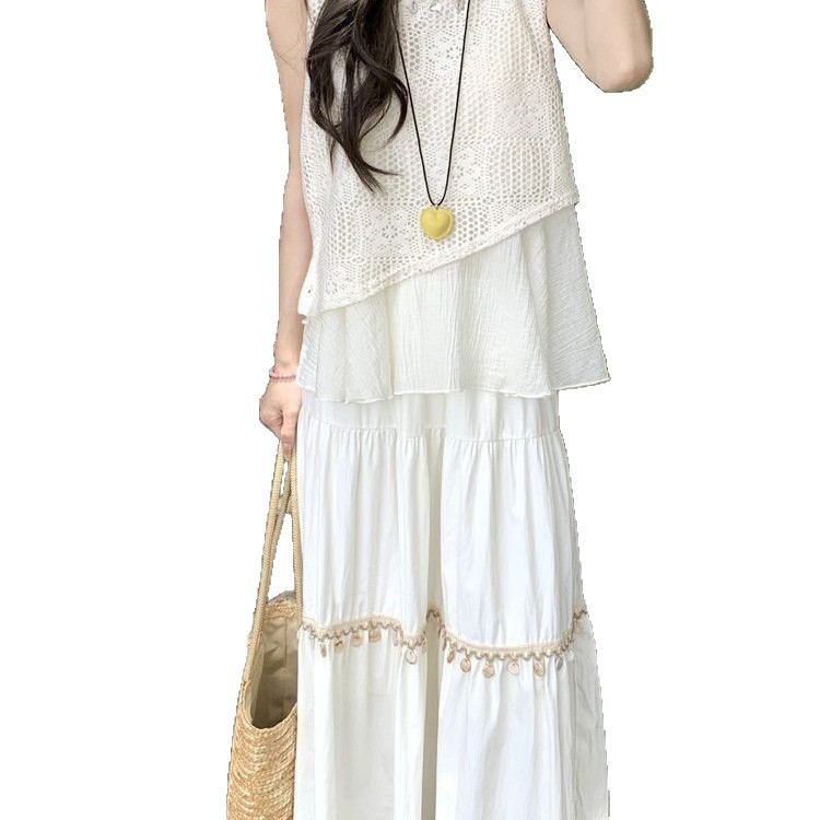 Summer Vintage Chinese Style Two Piece Set Sleeveless High Waist Hollow Out Design Elegant Casual Wear Wholesale