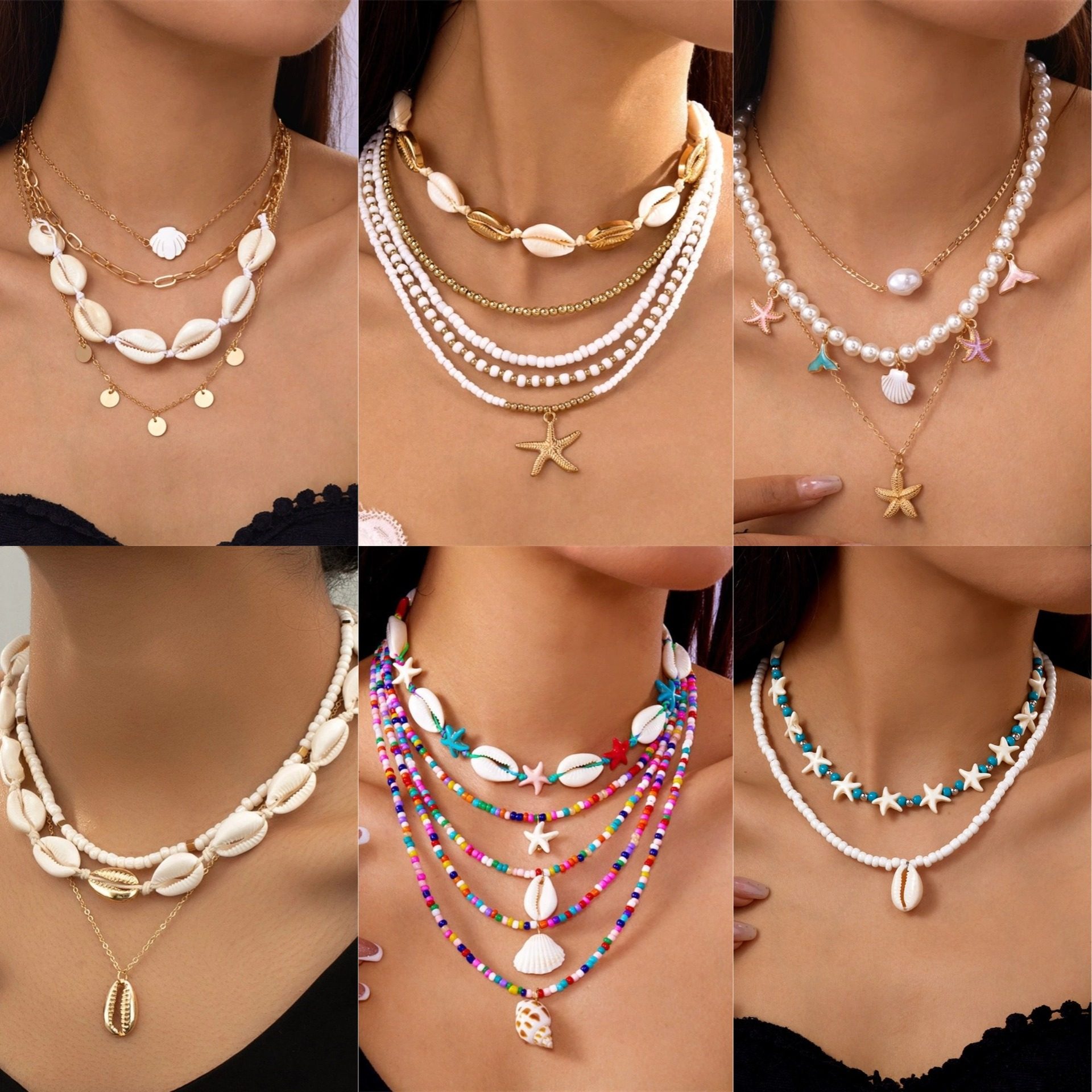 Amazon New Bohemian Style Multi-layer Shell Necklace Women Fashion Rice Bead Necklace Clavicle Chain suit Wholesale