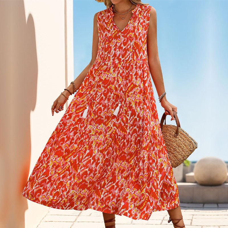 Abstract Print Midi Dress Summer Style Beach Vacation Ready Comfortable Fabric Trendy Design Wholesale Available