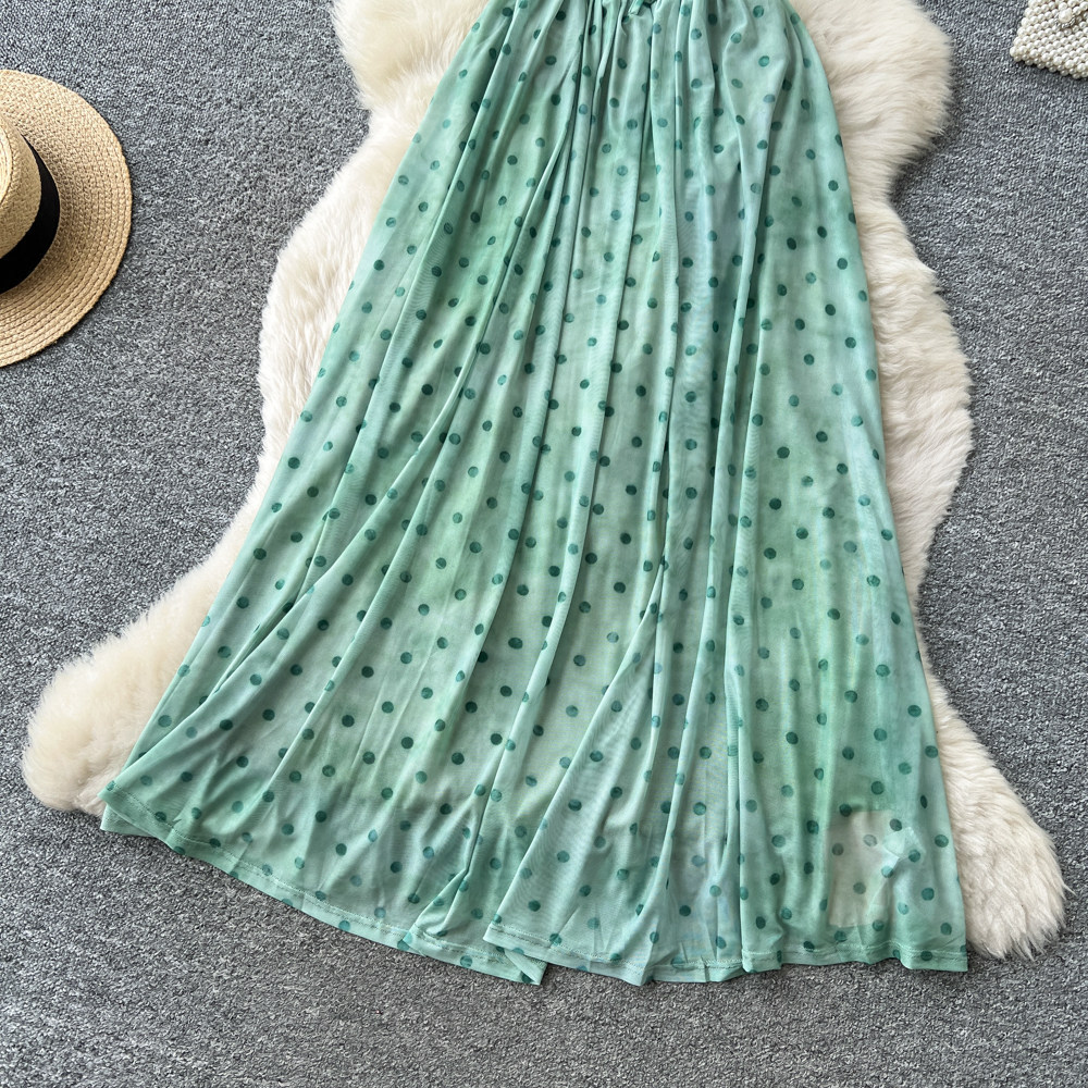 French Vacation Style Green Polka Dot Maxi Dress for Women High Waist Slim Fit Summer Essential Wholesale Available