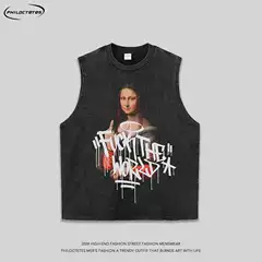 American Style Street Retro Figure Printed oversize Heavy Washed Old Short Sleeve T-shirt Men's and Women's Loose Half Sleeve