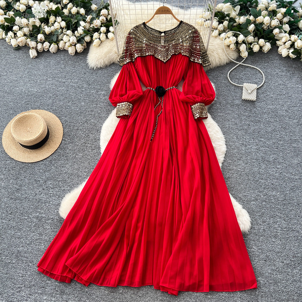 French Style Embroidered Beaded Sequin Mesh Lantern Sleeve Tie Waist Pleated Maxi Dress for Women Elegant Evening Wear