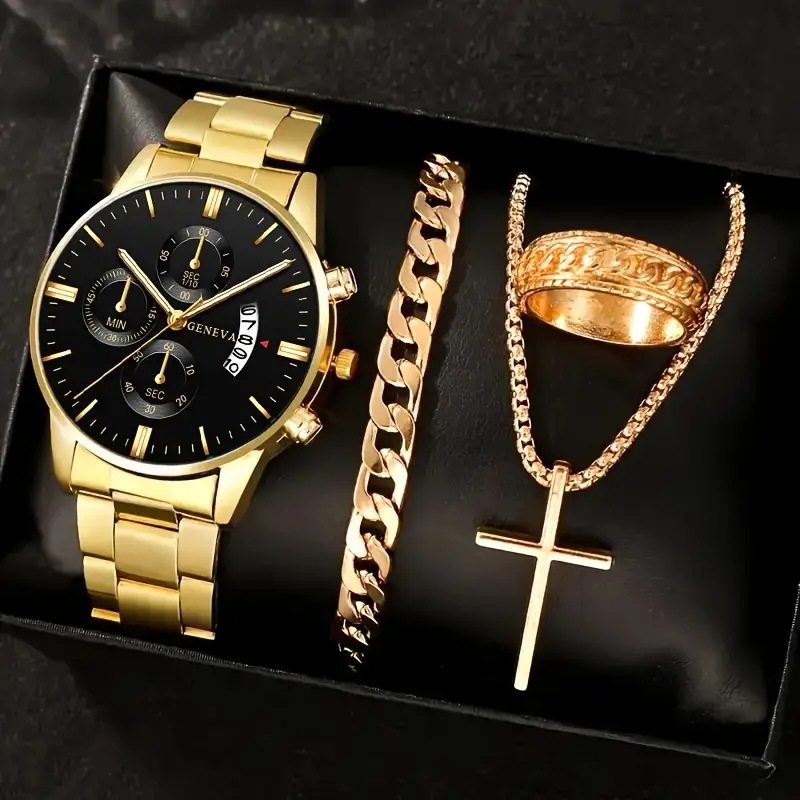 Men's 4-piece Luxury Stainless Steel Quartz Watch with Calendar Gold Cross Necklace Bracelet and Ring