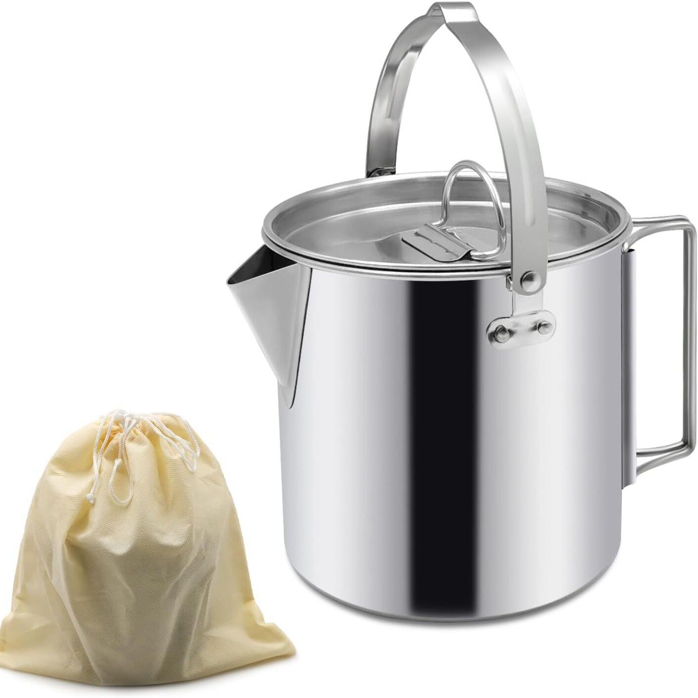 1.2L Stainless Steel Outdoor Mountaineering Camping Teapot Portable Hanging Pot with Handle Picnic Cookware Camping Coffee Pot