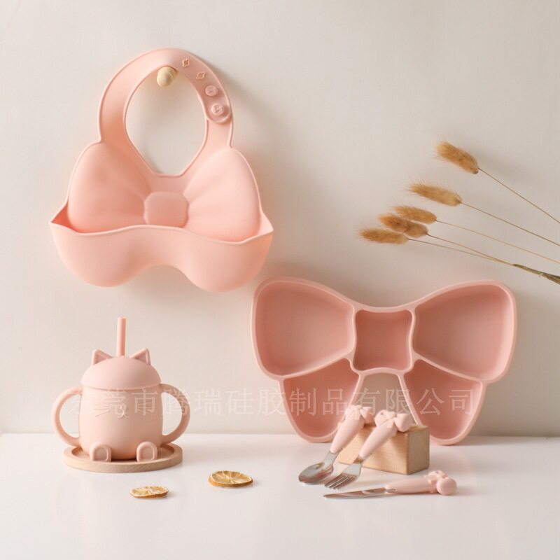Amazon New Silicone Tableware suit Children's Supplementary Food Bow Split Plate Baby Dining Bib Fork Spoon
