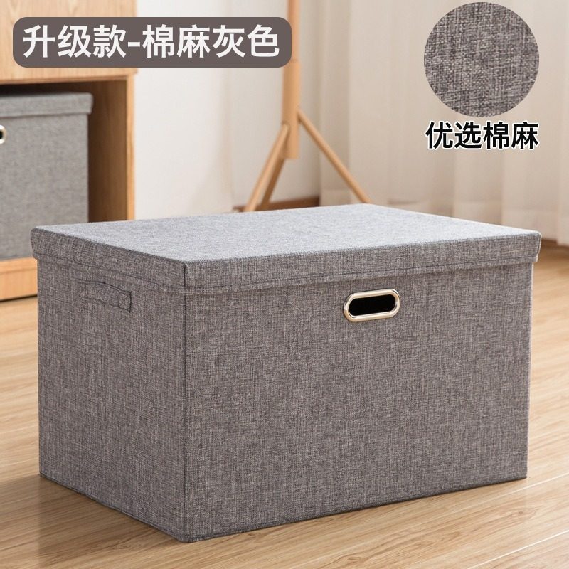 Cotton and Linen Storage Box with Lid, Large Fabric Storage Box with Lid, Extra-Large Capacity Storage Box with Top and Bottom Lids, Foldable Toy Storage Box