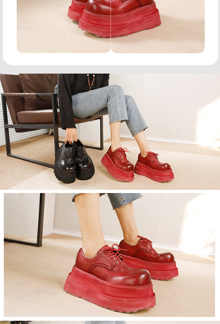 Giày nữ da bò thật dập nổi cổ thấp đế dày tăng chiều cao buộc dây — Kaki, Màu đen, Màu đỏ