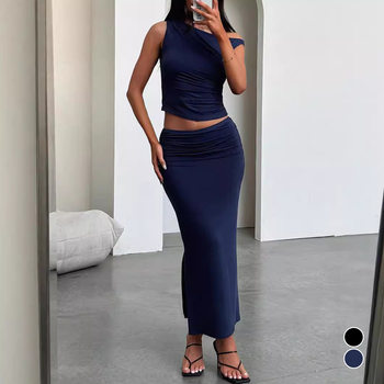 2024 Cross-border European and American Women's Autumn Sexy Slant Shoulder Collar Fashion Dress Set Amazon Hot-selling Slim Two-piece Set