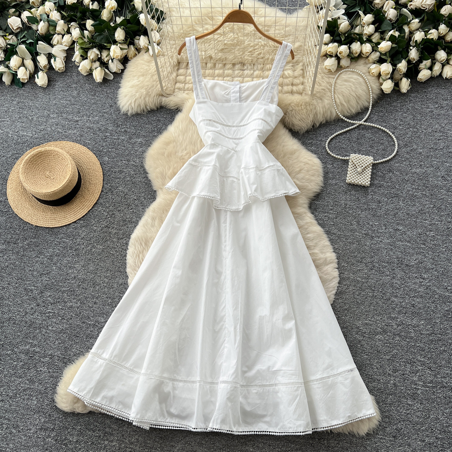 White Sleeveless A Line Dress High Waist Fresh Style Summer Office Wear Wholesale Available ready to ship
