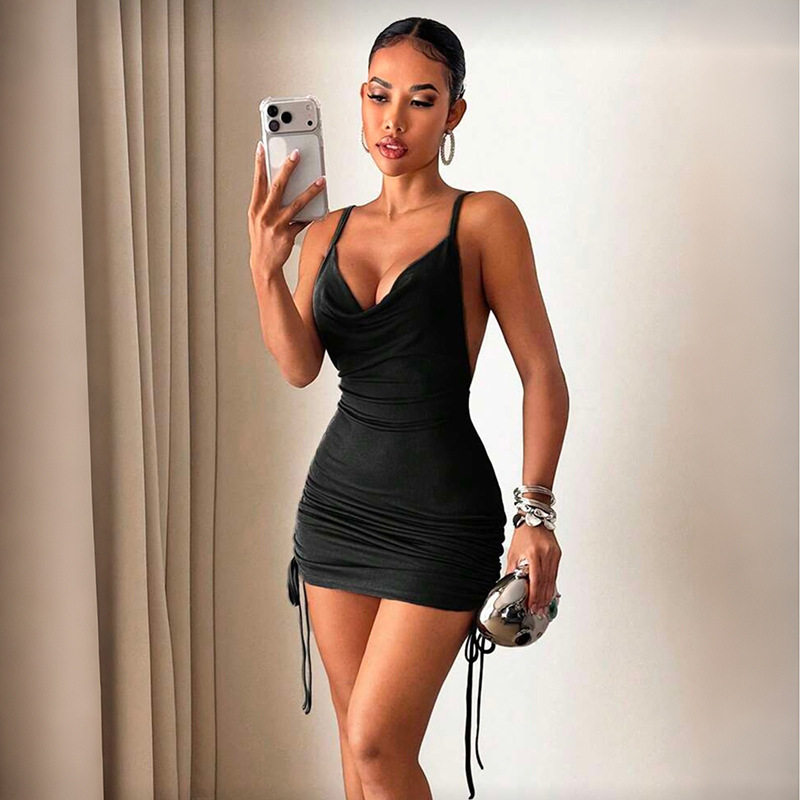 Summer Womens Dress Solid Color Ruffled Neckline Open Back Bodycon Fit Casual Party Wear OEM Available