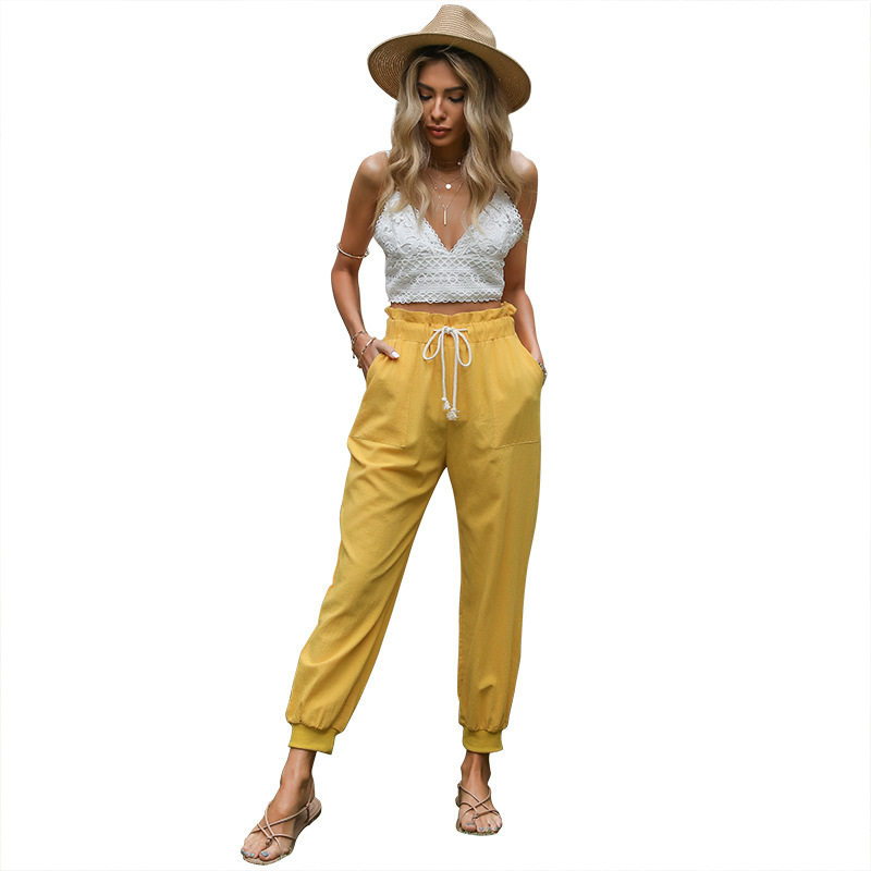 Casual Cotton Linen Jogger Pants Solid Color Drawstring Straight Leg Stylish for Everyday Wear Wholesale Available