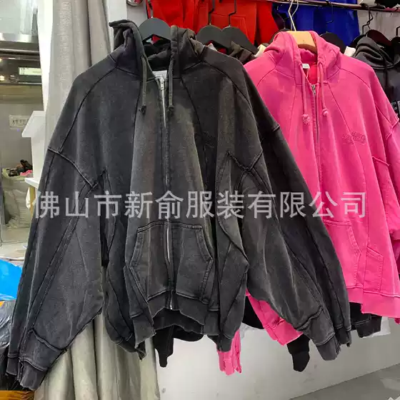 Cross-border Export Wholesale 2023 Loose Splicing Washed Zipper Jacket Sweatshirt Trendy Brand Men and Women Couple Hoodie