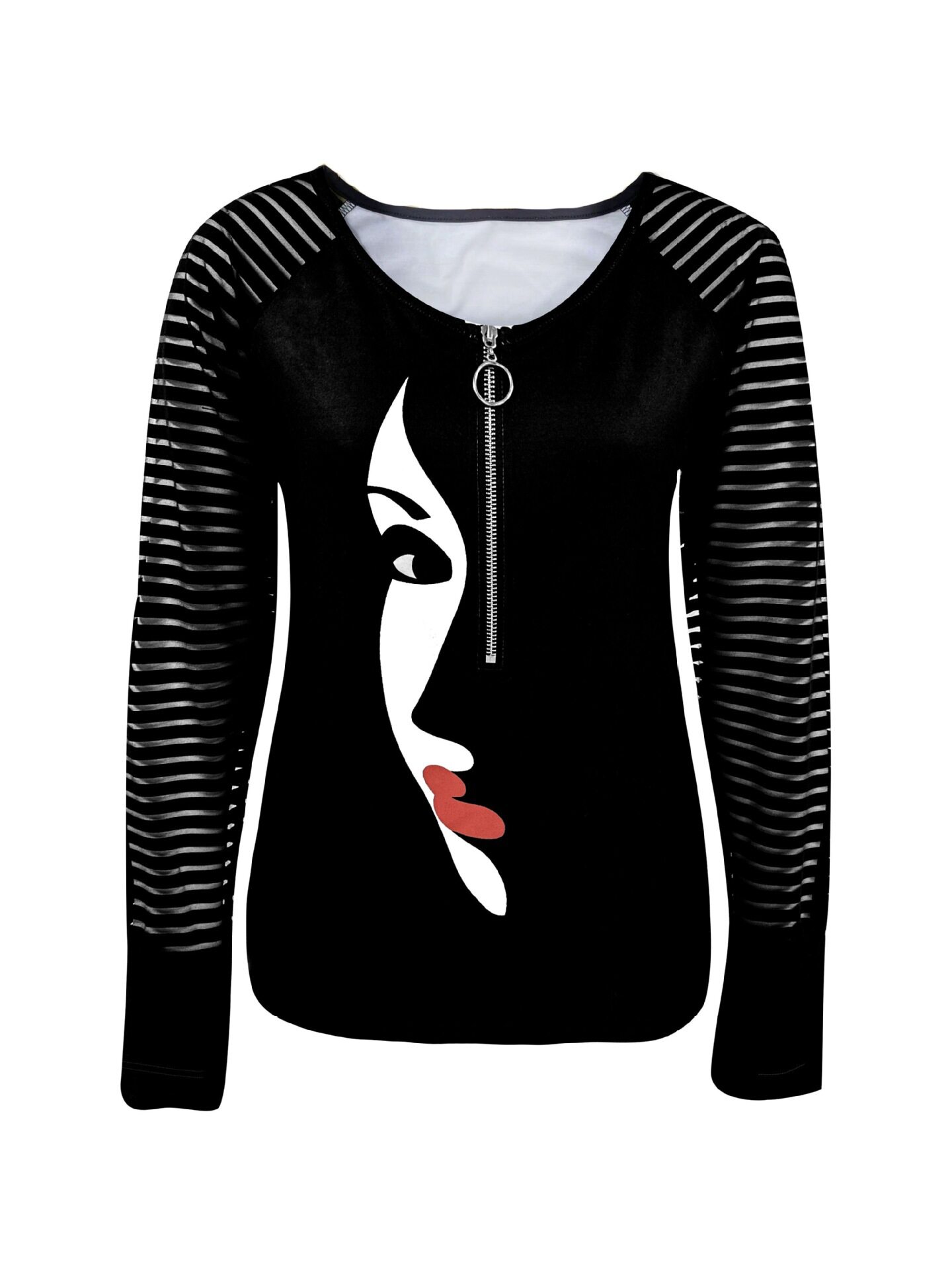 Abstract Face Print Long Sleeve Zip Up Hoodie for Women Trendy Fall Winter Style Comfortable Casual Wear Wholesale