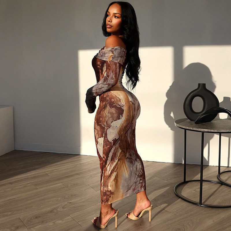 Vintage Floral Print Off Shoulder Long Sleeve Bodycon Dress Double Layer Collar Sexy Fit Perfect for Parties and Events