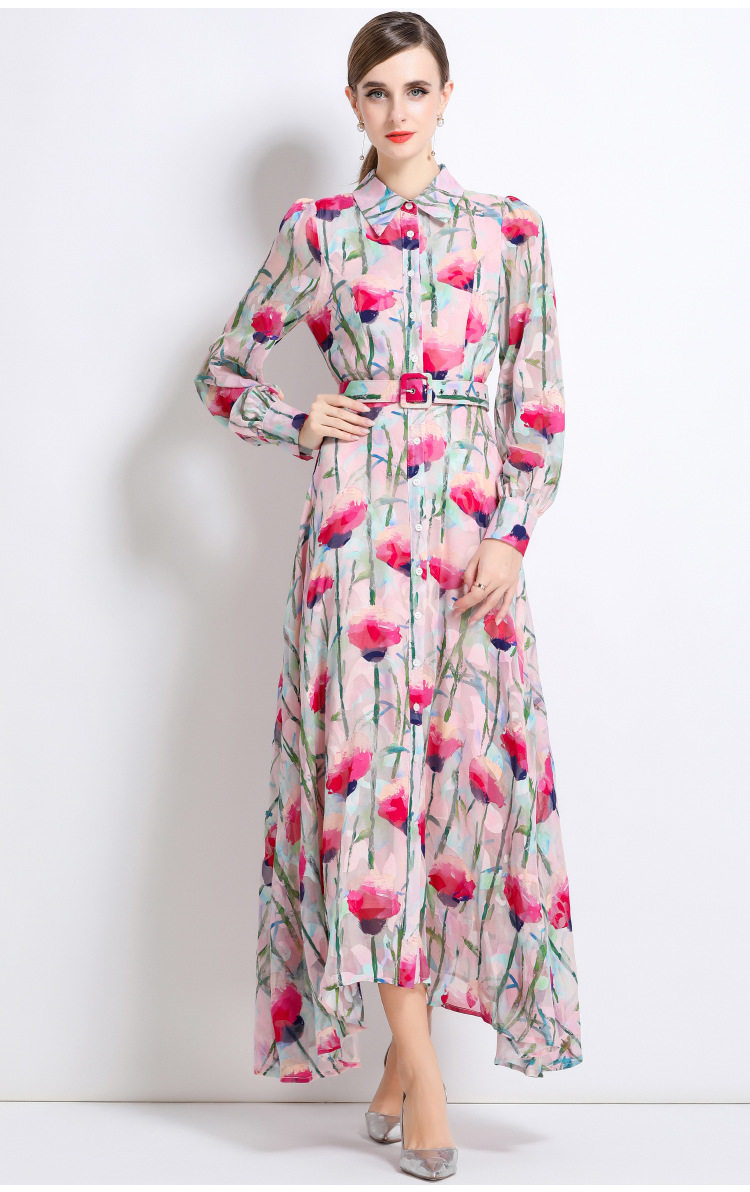 French High End Beaded Floral Long Sleeve Dress Slim Fit Waist Tie Button Closure Autumn Fashion for Women