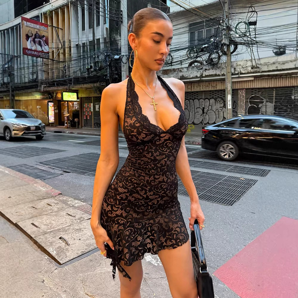 Lace Bodycon Dress Low Cut Halter Neck Slim Fit Sexy Style Perfect for Parties and Night Out Wholesale Available
