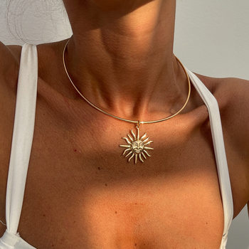 European and American Cross-Border Jewelry, Retro Simple Sun Pendant, Clavicle Chain, Fashionable Alloy Necklace Necklace